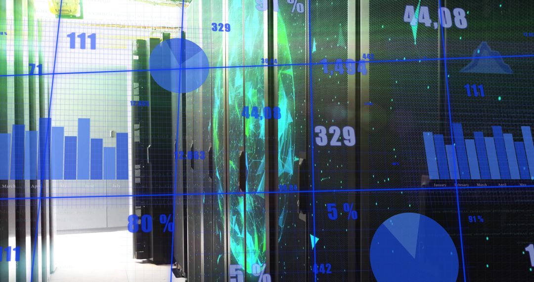 Futuristic Data Center with Digital Graph Overlays