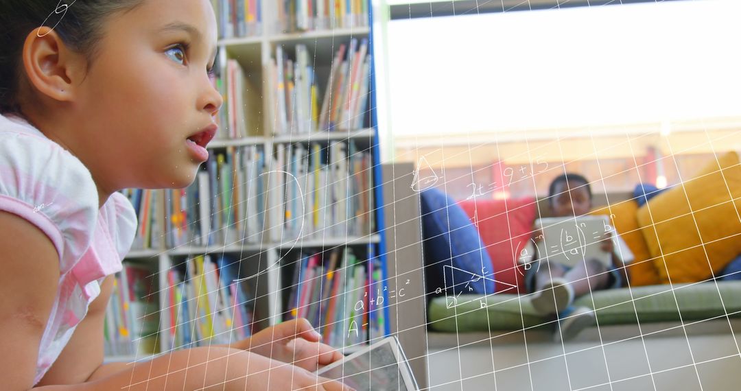 Curious Girl in Library Engaging with Digital Learning