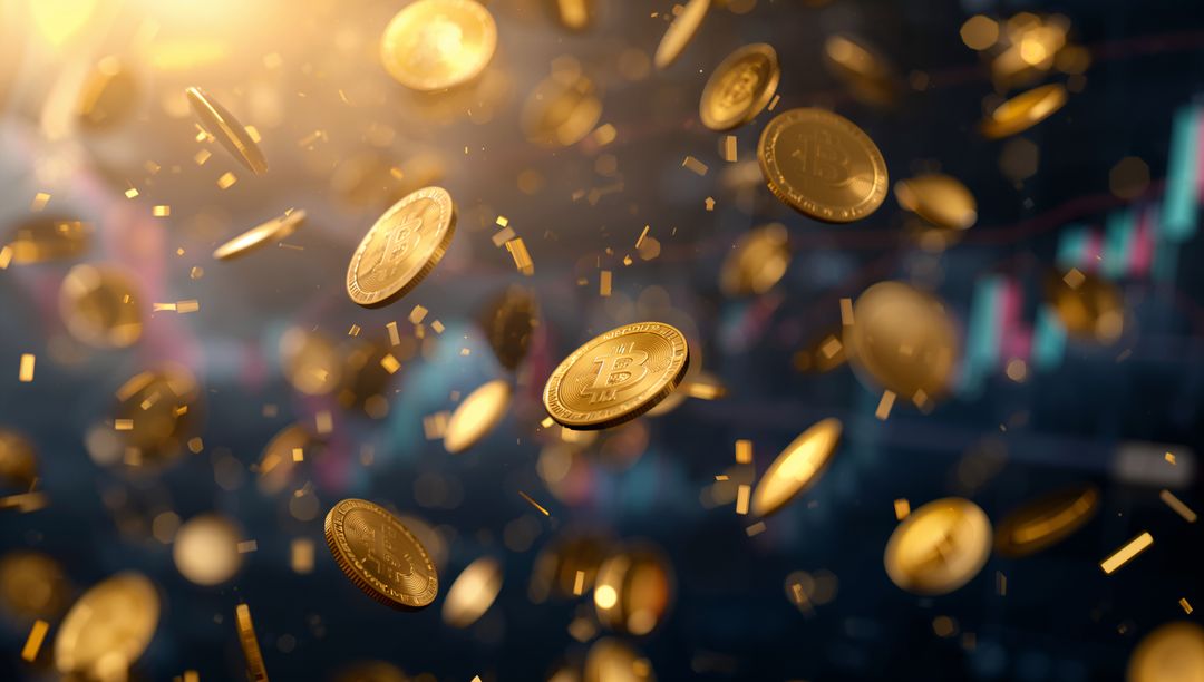 Floating Bitcoin Coins Drifting Through Crypto Market Candlestick Visualization