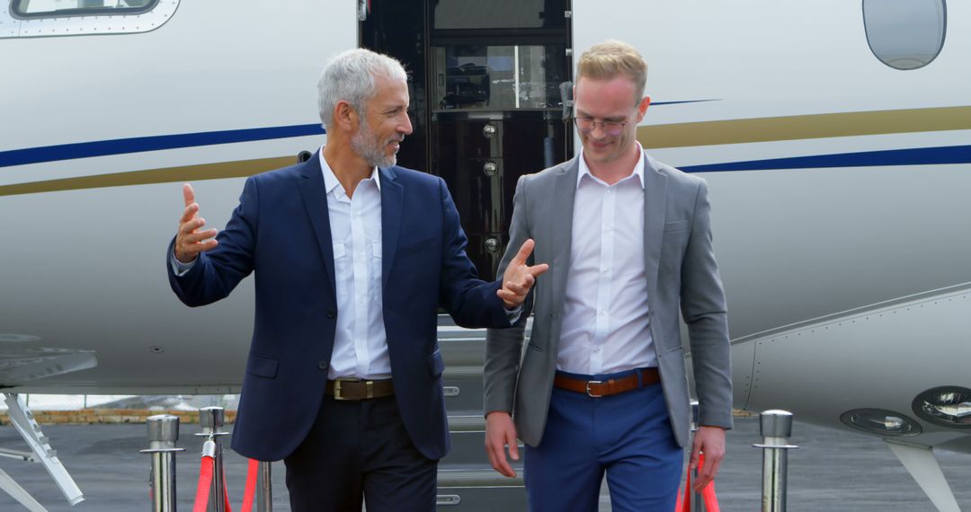 Businessmen Conversing Upon Private Jet Arrival at Terminal