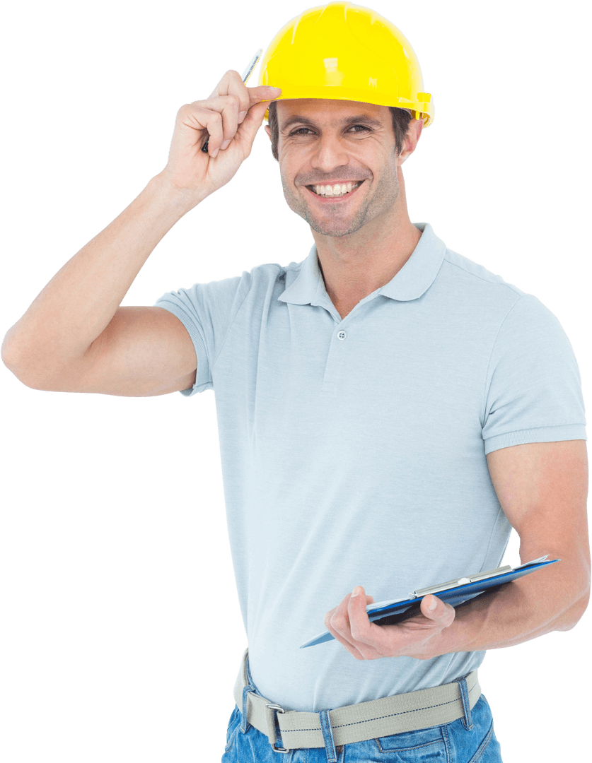 Smiling Architect Touching Hard Hat Holding a Clipboard on Transparent Background
