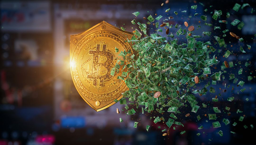 Shining Bitcoin Token Ejecting Dollar Bills and Coins Over Trading Dashboard Lens Flare