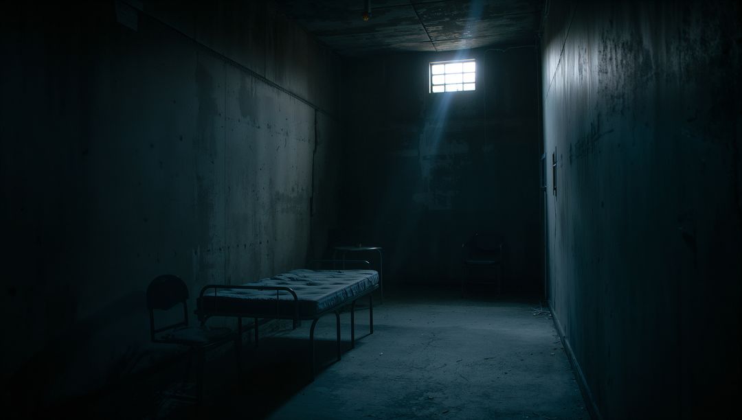 Abandoned Concrete Prison Cell with Metal Bed and Dim Lighting