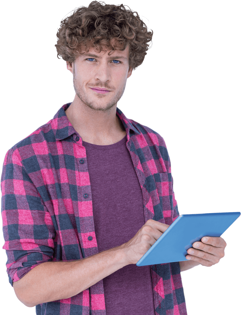 Confident Man Using Tablet in Casual Wear Transparent Background