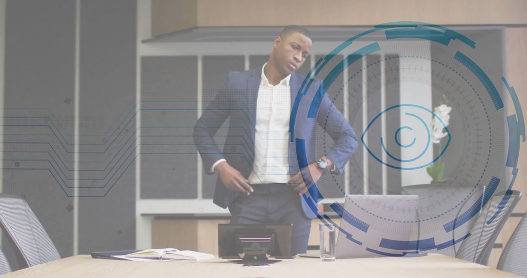 Business Executive in Boardroom with Futuristic Overlay