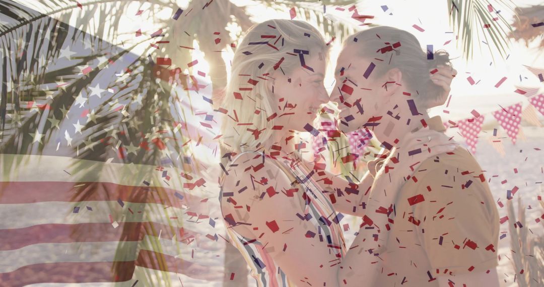 Romantic Beach Celebration with Confetti and Palm Leaves for Holiday Fun