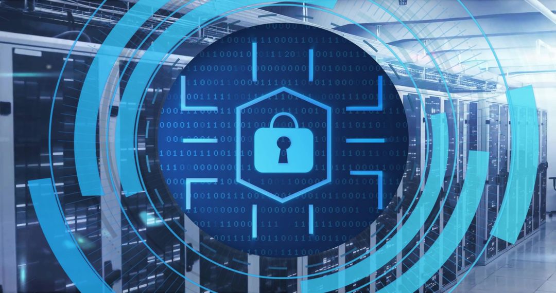 Cyber Security Padlock Icon Over High-Tech Server Room