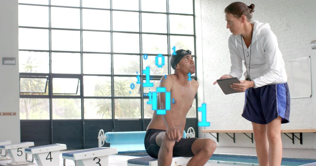 Coach Reviewing Swim Performance Data with Swimmer at Poolside Using Tablet and HUD