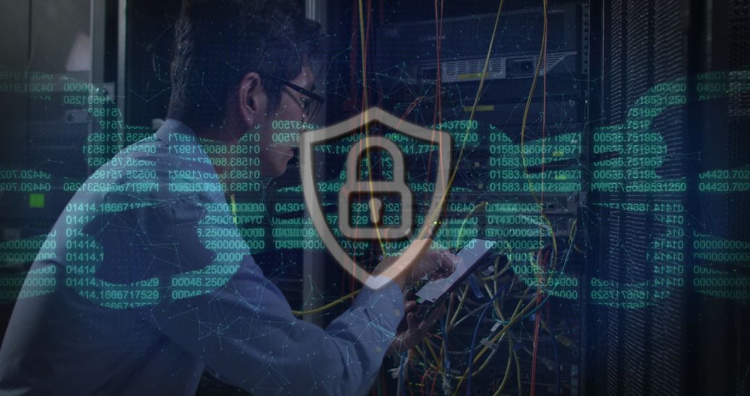 IT Engineer in Data Center with Cybersecurity Concept Overlay