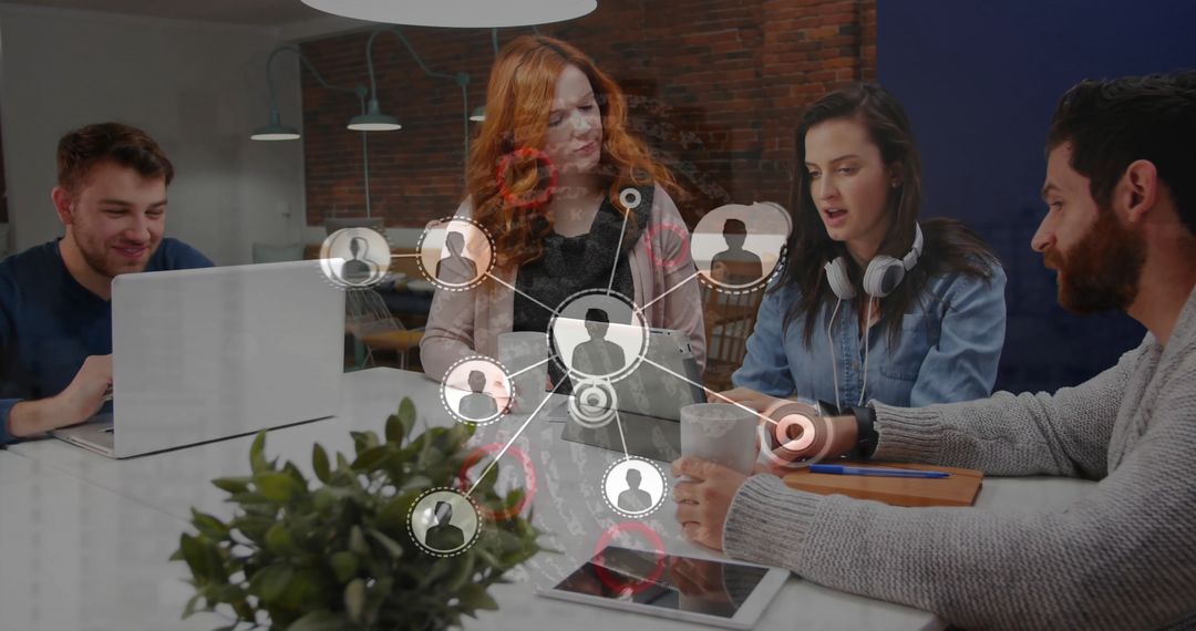 Innovative Team Discussing Project with Digital Interface Overlay