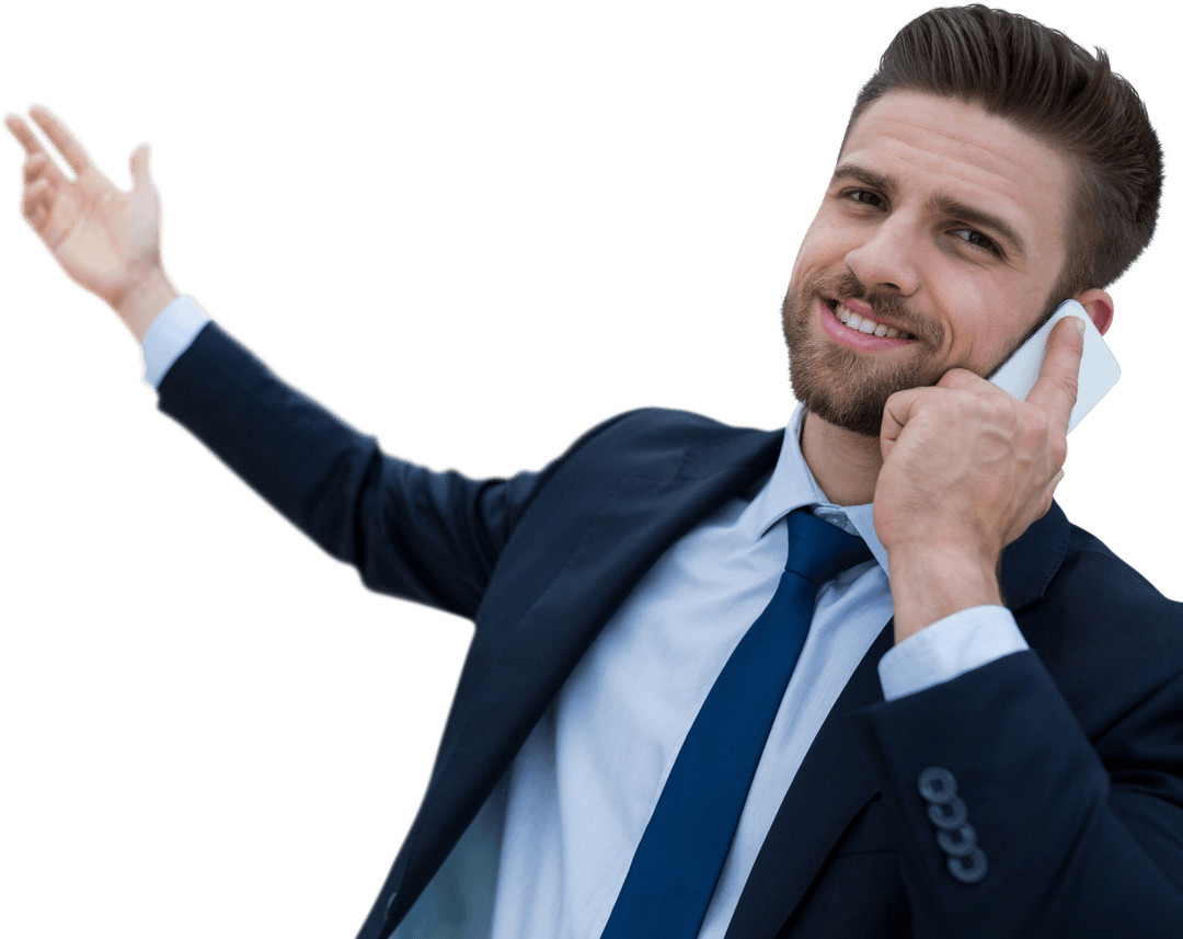 Transparent Businessman Smiling During Phone Call with Enthusiastic Gesture