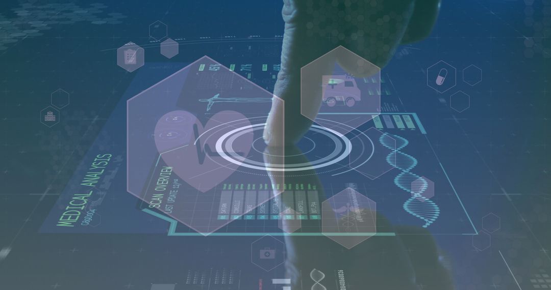 Futuristic Touchscreen Interface with DNA Strand and Medical Data