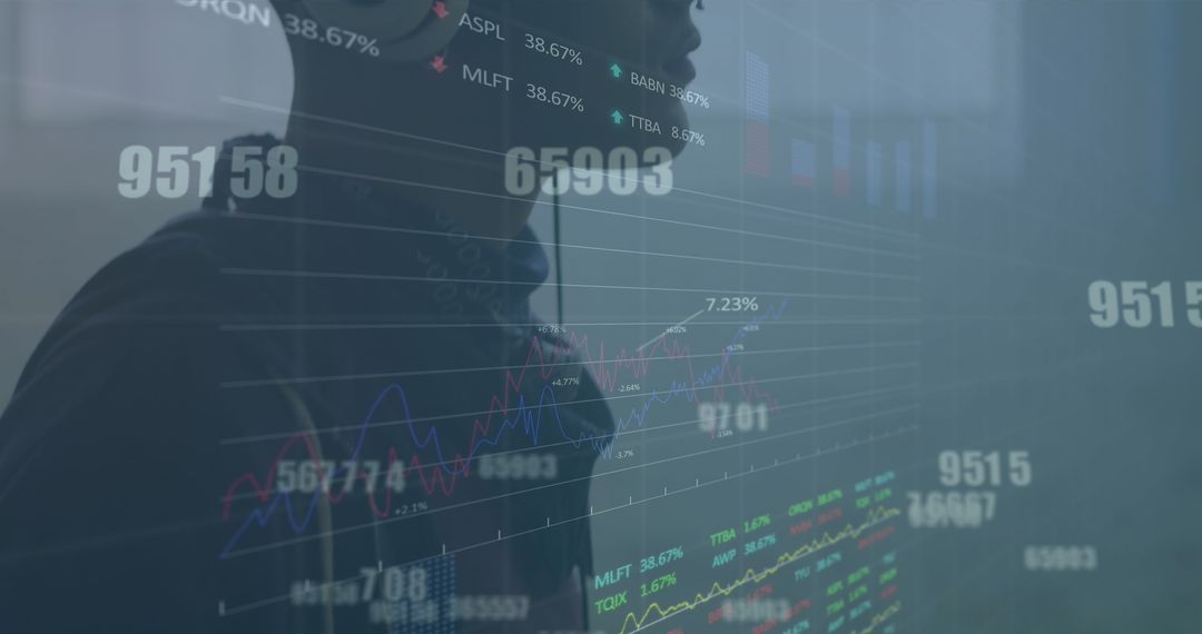 Man with Headphones Analyzing Stock Markets and Trading Data