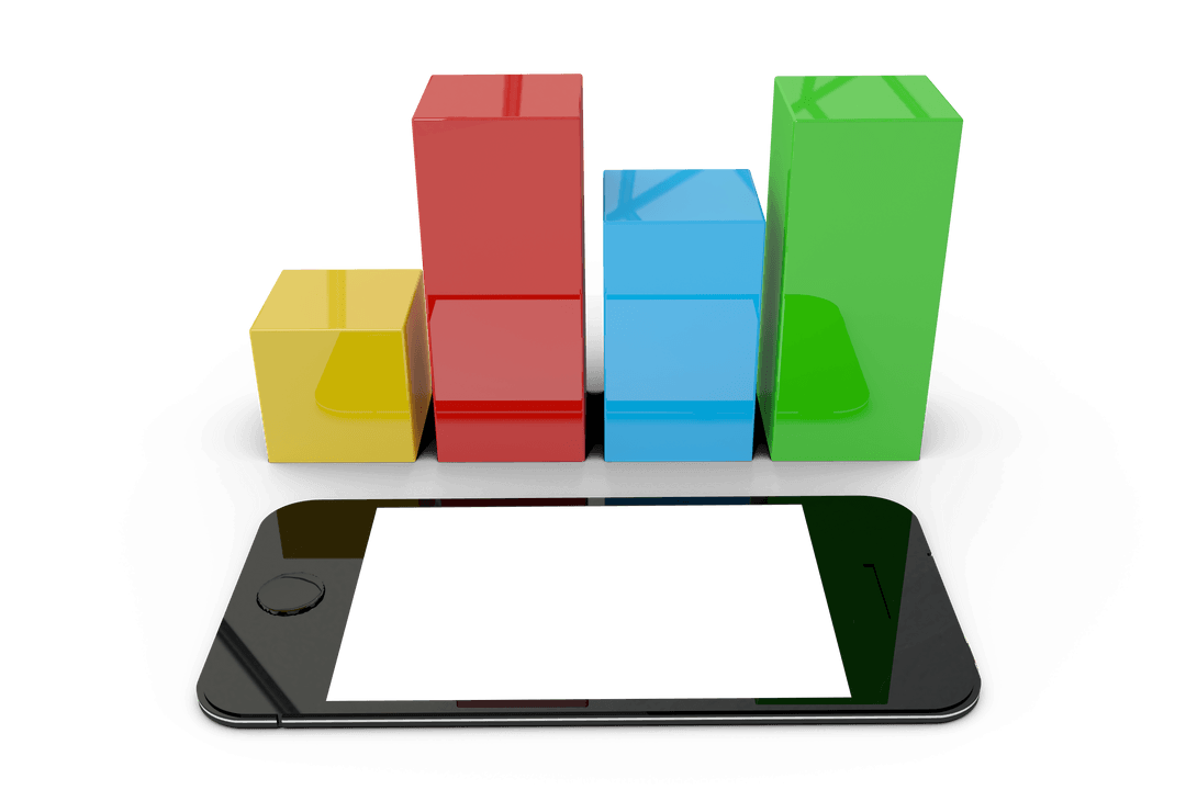 Transparent 3D Column Chart and Smartphone on Transparent Background