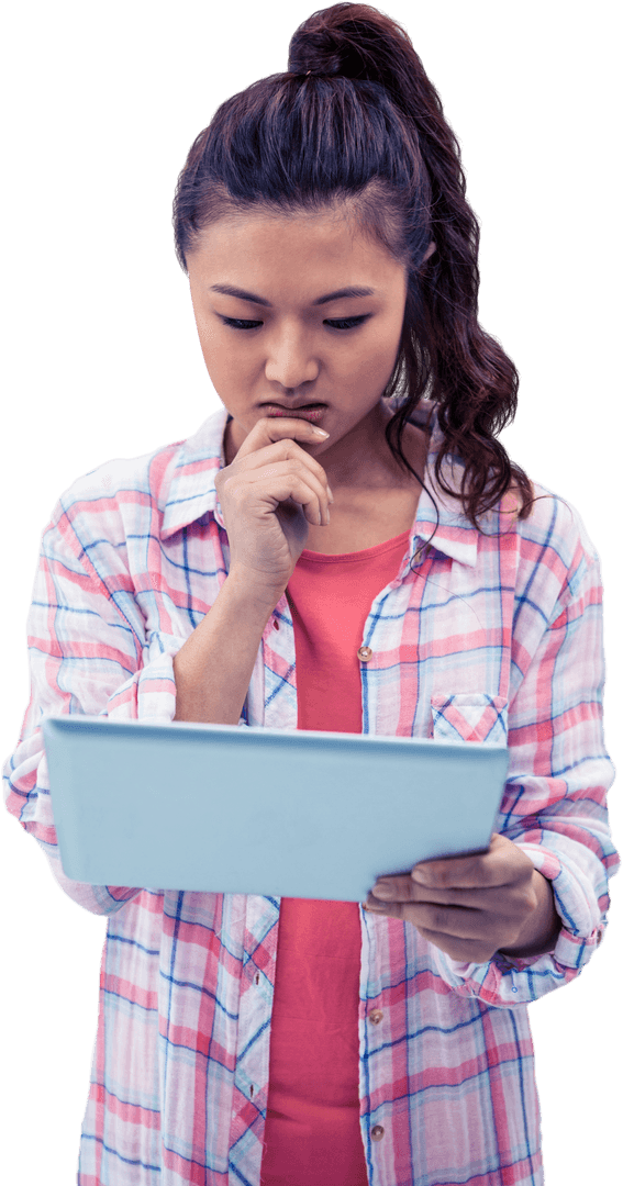 Transparent Image of Thoughtful Asian Woman with Tablet