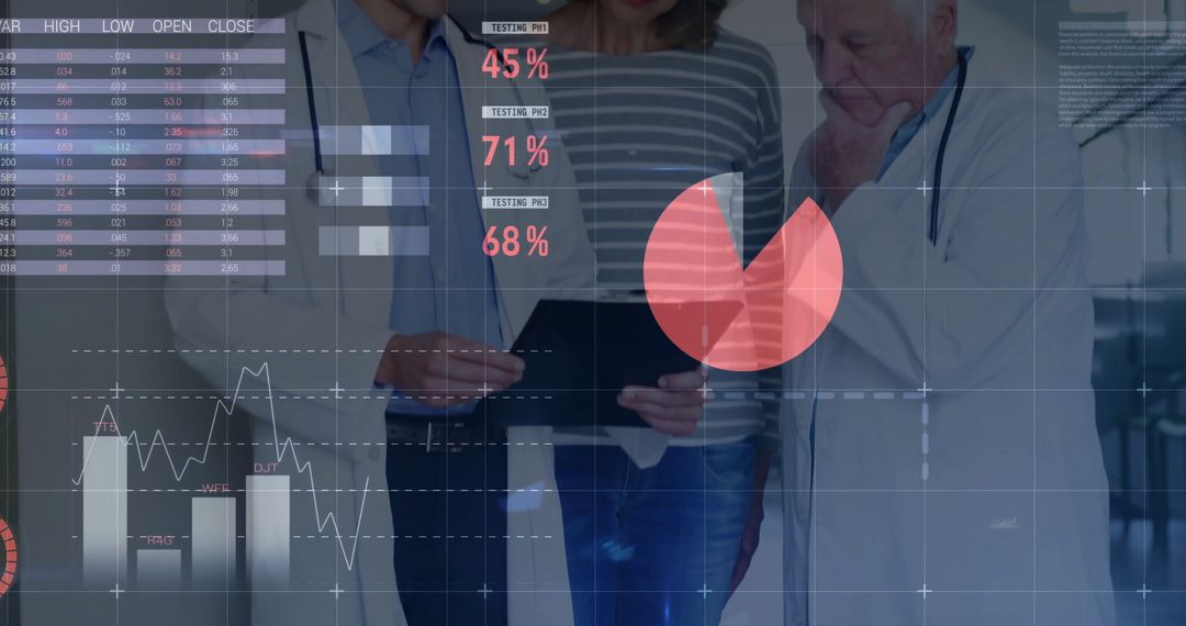 Doctors Analyzing Data Overlayed with Medical Statistics