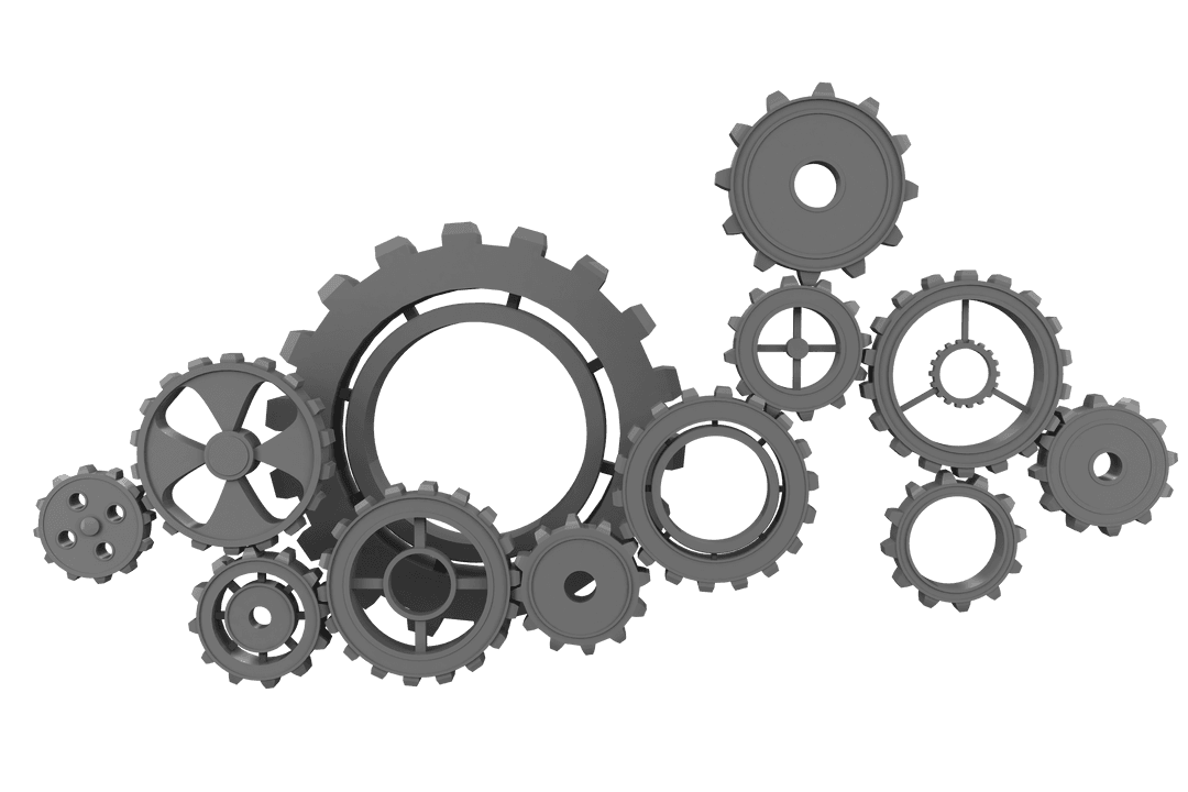 Gray Gears Connected on Transparent Background for Designs