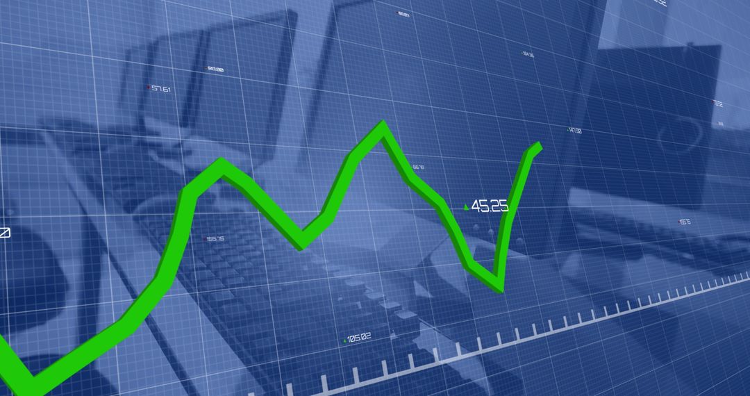 Green Line Graph on Blue Digital Office Background