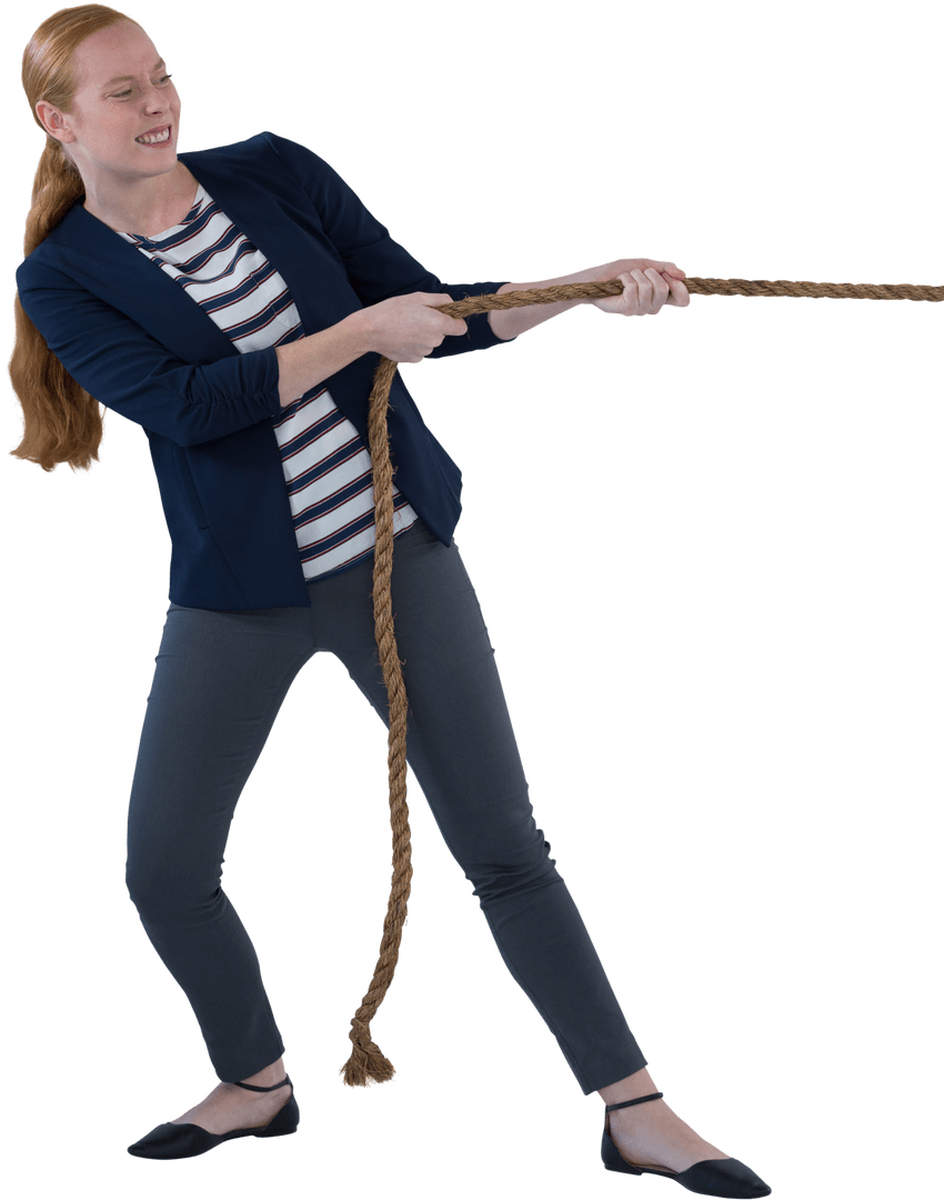 Dynamic Caucasian Woman Pulling Rope on Transparent Background