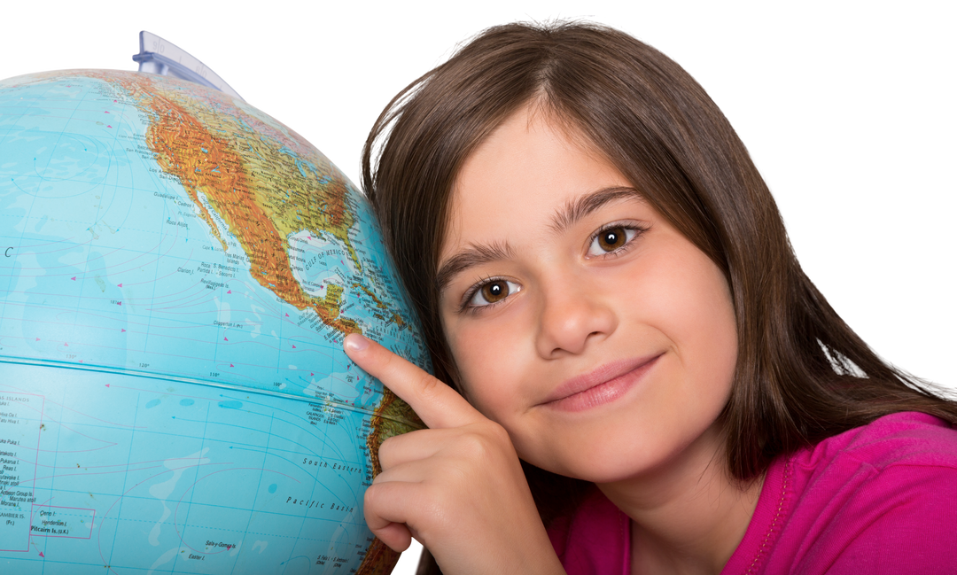 Smiling Girl Pointing at Globe in Transparent Background - Download Free Stock Images Pikwizard.com