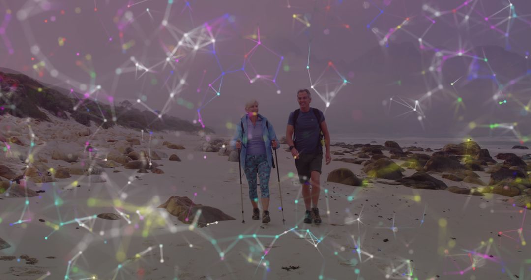 Senior Couple Hiking on Beach with Digital Network Overlay