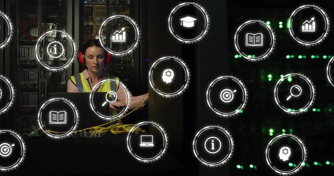 Female Technician Engaged in Server Maintenance with Digital Tech Icons
