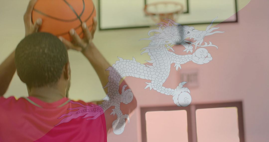 Bhutan Flag Overlay on Basketball Player in Gym Setting