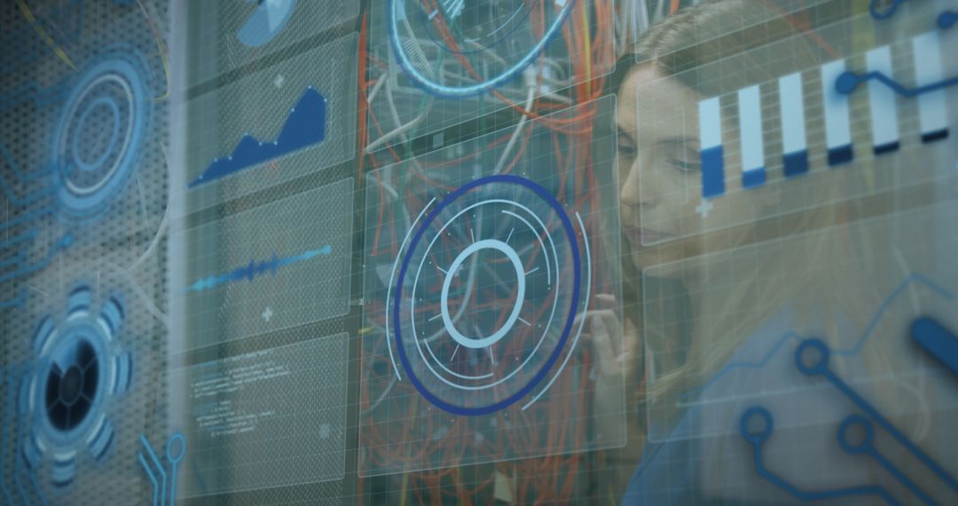 Woman Analyzing Digital Interfaces in Server Room