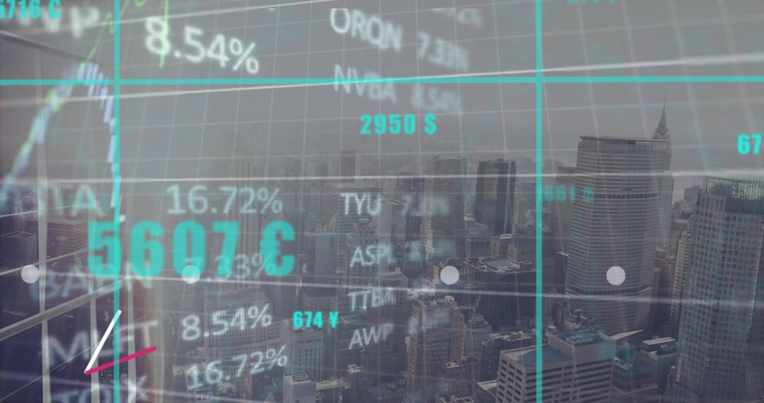 Financial Graphs and Data Processing Overlay on Urban Skyline