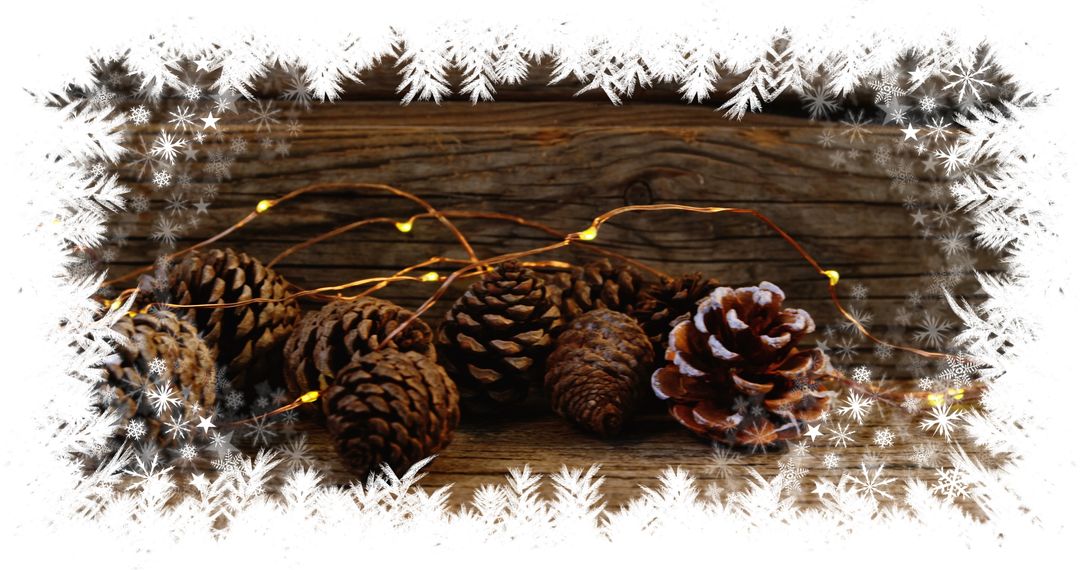 Rustic Christmas Pine Cones with Festive Lights and Snowflakes
