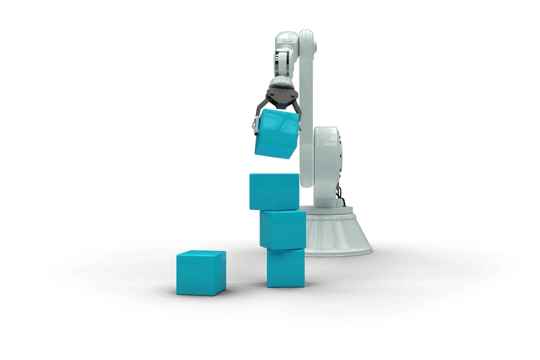 Transparent Robotic Arm Stacking Blue Cubes