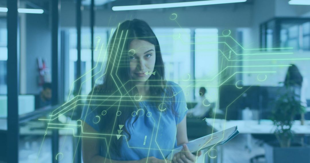 Businesswoman Engaging with Futuristic Circuit Board Projection