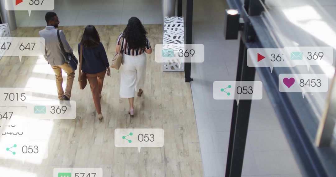 Coworkers Walking with Social Media Notifications Overlay