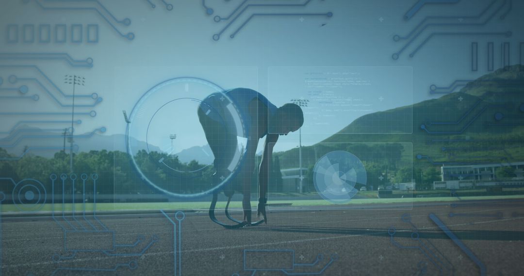 Adaptive Athlete at Start Line with Digital Interface Overlay