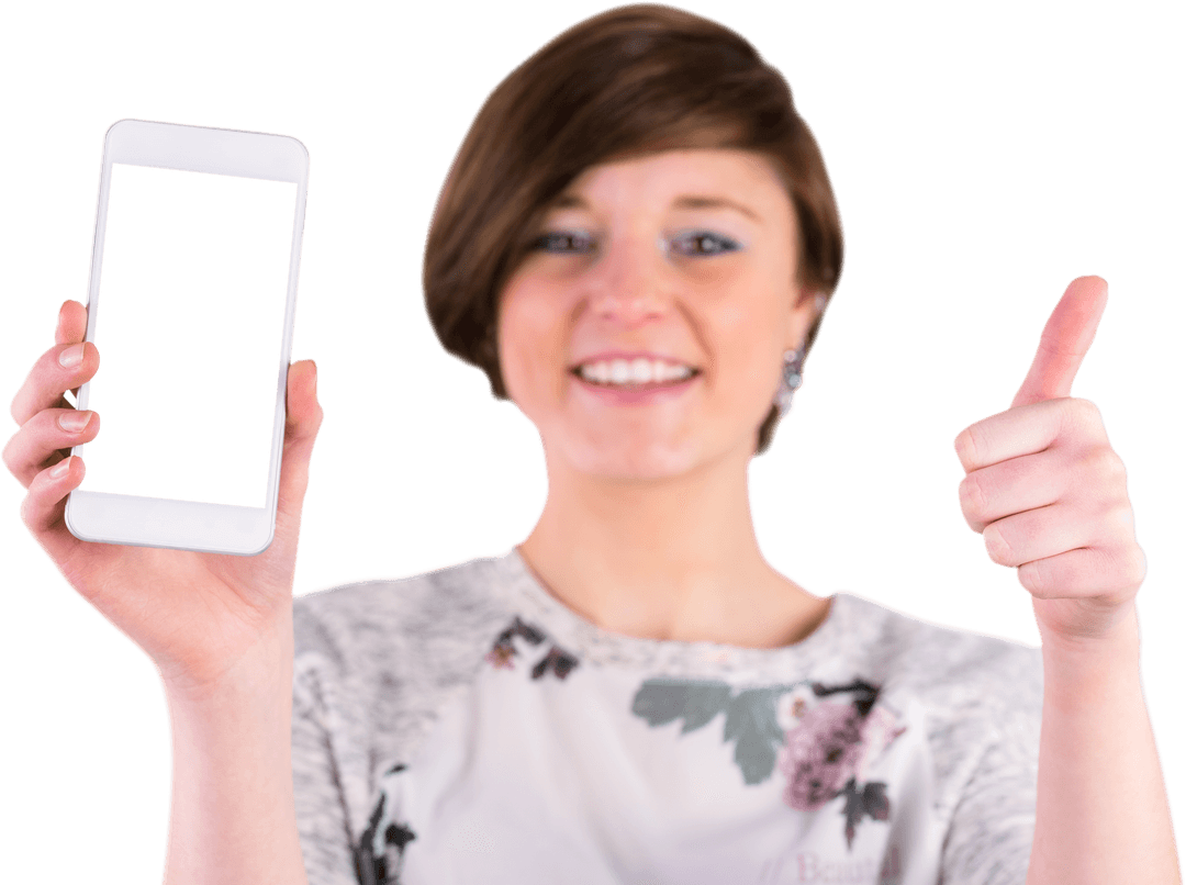 Happy Woman With Smartphone and Thumbs Up on Transparent Background