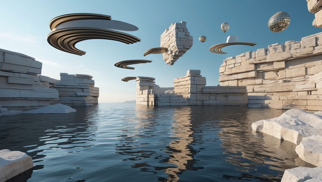 Surreal Floating Stone Structures and Metallic Elements