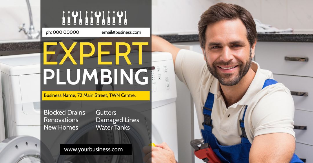 Happy Plumber Providing Sink Repair Services in Modern Kitchen - Download Free Stock Templates Pikwizard.com