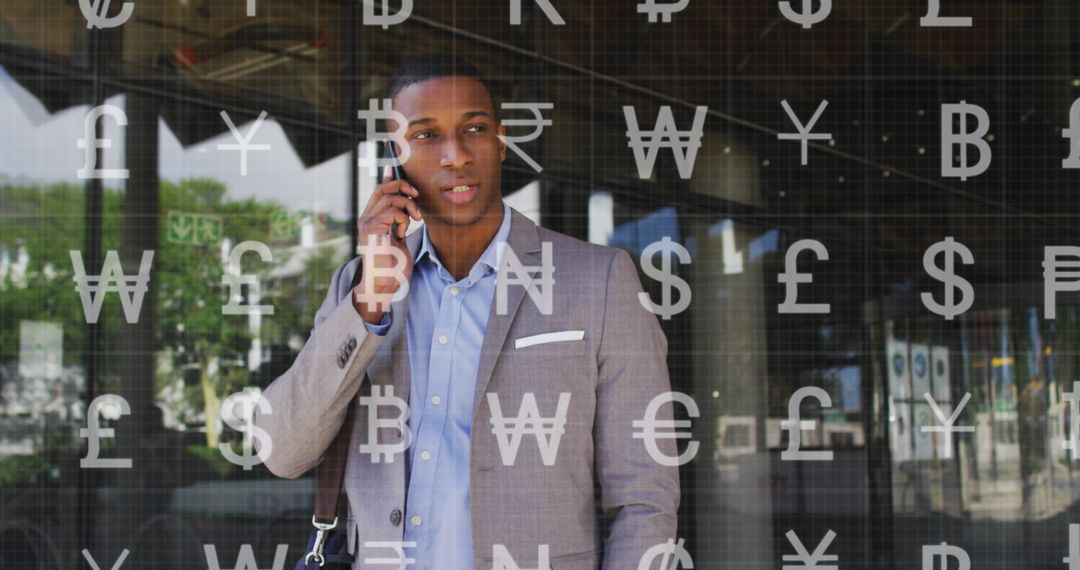 Businessman Engaged in Call Behind Currency Symbols Interface