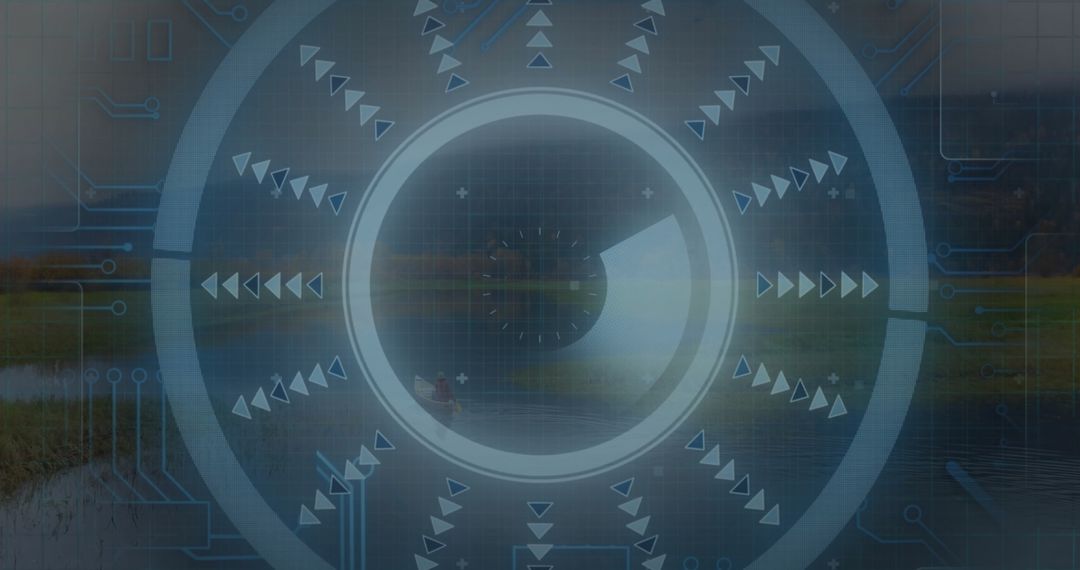 Futuristic Digital Interface Overlay on Tranquil Lakeside Scene