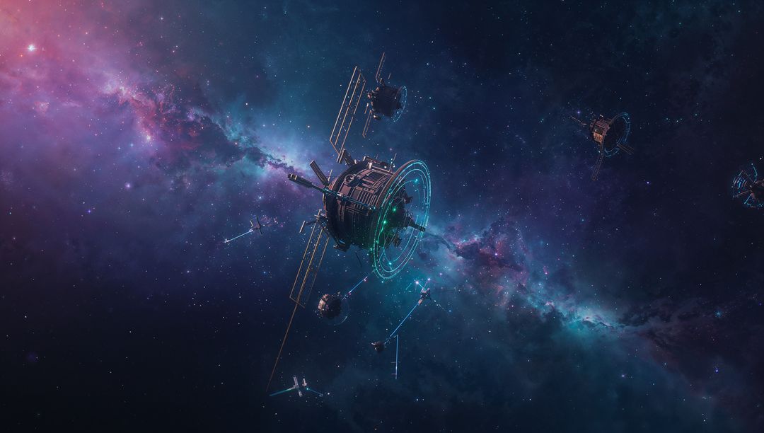 Futuristic Space Station Module with Glowing Solar Panels in Cosmic Scene