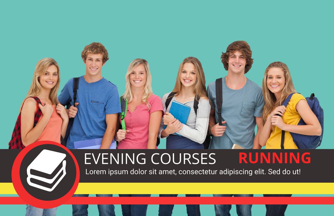 Cheerful Group of Students Promotes Evening Courses with Backpacks and Smiles - Download Free Stock Templates Pikwizard.com