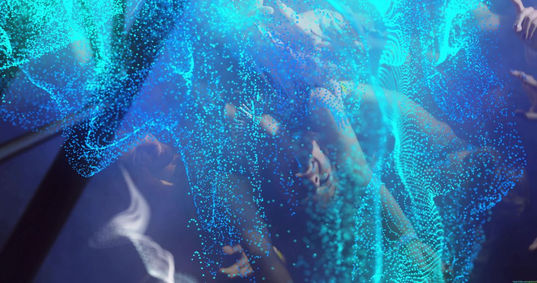 Enveloping Figure with Flowing Cyan Particles in Digital Space