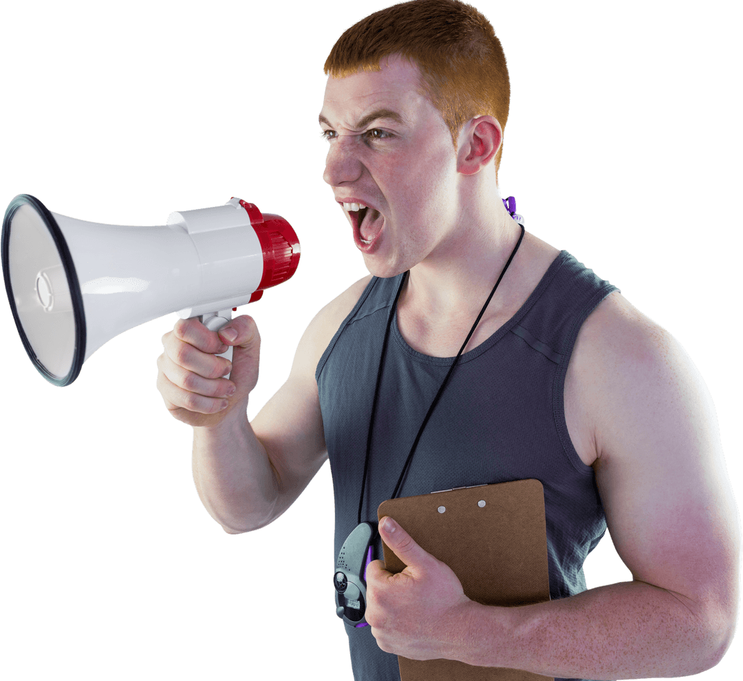 Transparent View of Coach Yelling on Megaphone Holding Clipboard
