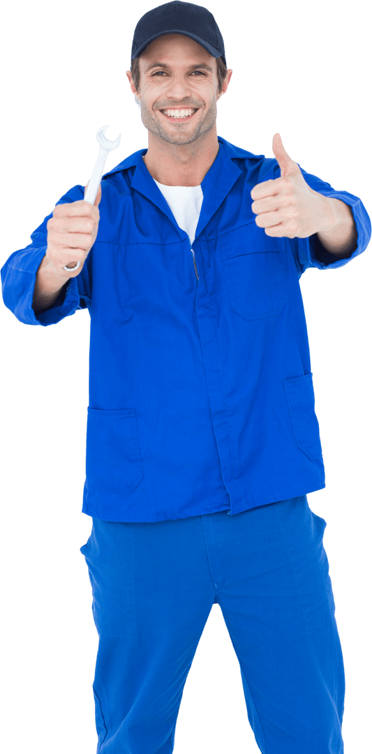 Happy Mechanic Holding Spanner Thumbs Up on Transparent Background
