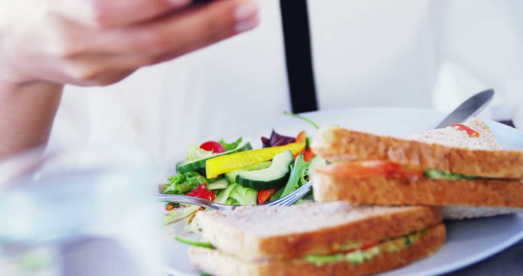 Person Eating Sandwiches with Salad While Checking Phone - Free Images, Stock Photos and Pictures on Pikwizard.com