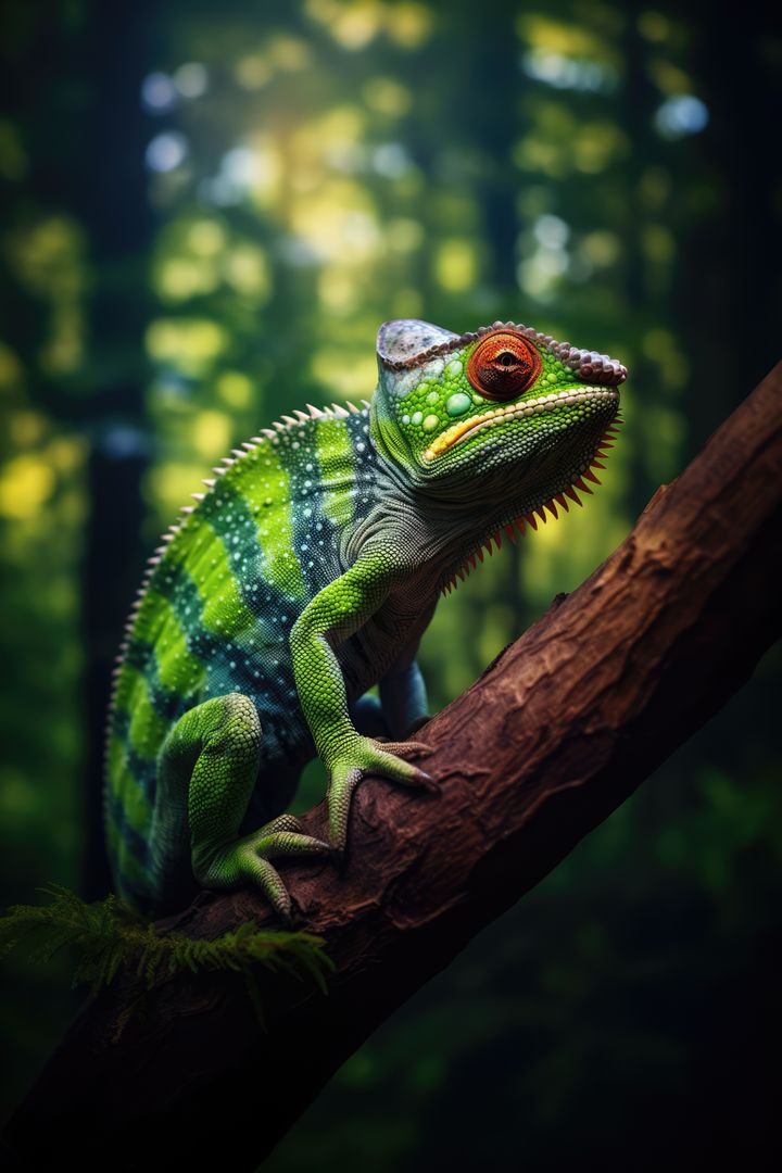 Colorful Chameleon in Lush Forest, Close-Up on Branch - Free Images, Stock Photos and Pictures on Pikwizard.com