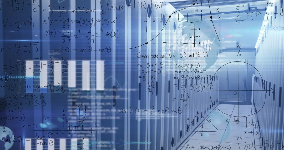 Futuristic Data Center with Abstract Mathematics Overlay