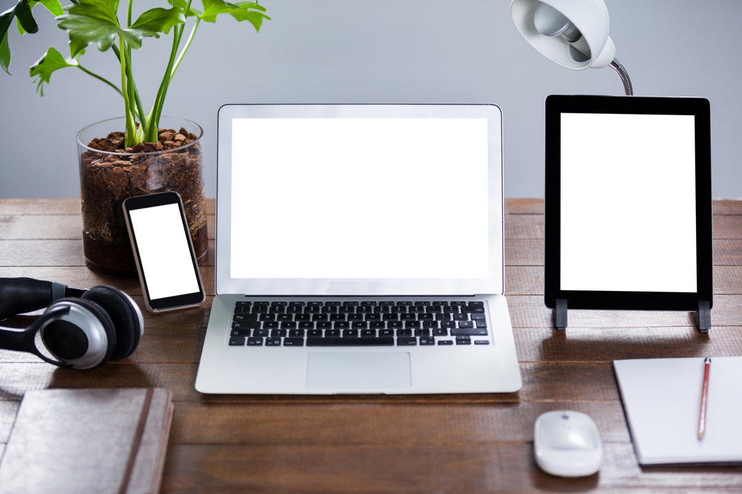 Transparent Laptop and Tablet on Wooden Office Desk - Download Free Stock Images Pikwizard.com