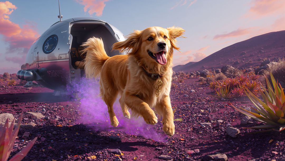 Golden retriever running from futuristic landing pod across violet desert at sunset