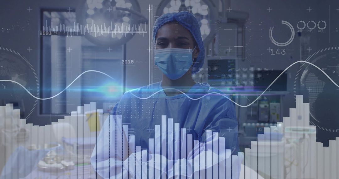 Confident Surgeon in Operating Room with Digital Data Interface
